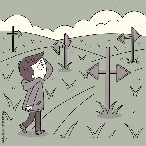 Young boy stands at a crossroads with multiple directional signs pointing in different ways