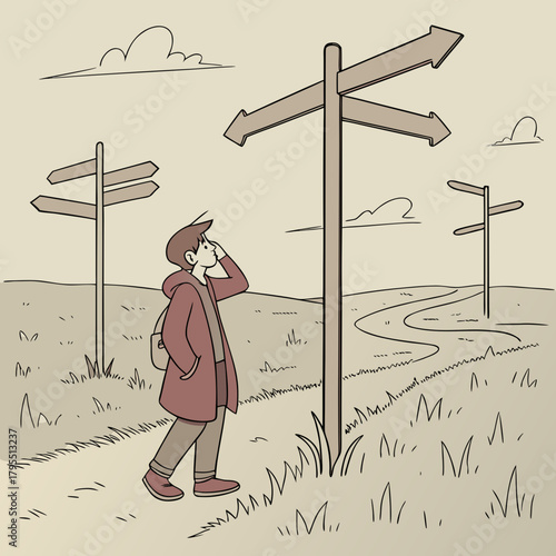 Young person stands at a crossroads with multiple directional signs contemplating their next move
