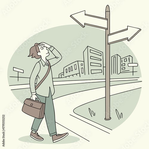 Confused person with briefcase stands at a crossroads sign in a city street contemplating which direction to take