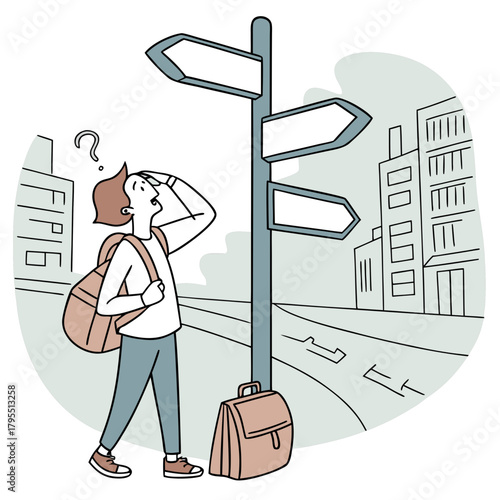 Confused traveler with backpack and briefcase stands at a crossroads signpost in a city street