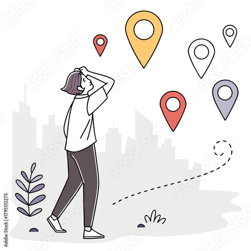 Confused person looking at multiple location pins scattered around a city skyline symbolizing decision making and navigation challenges