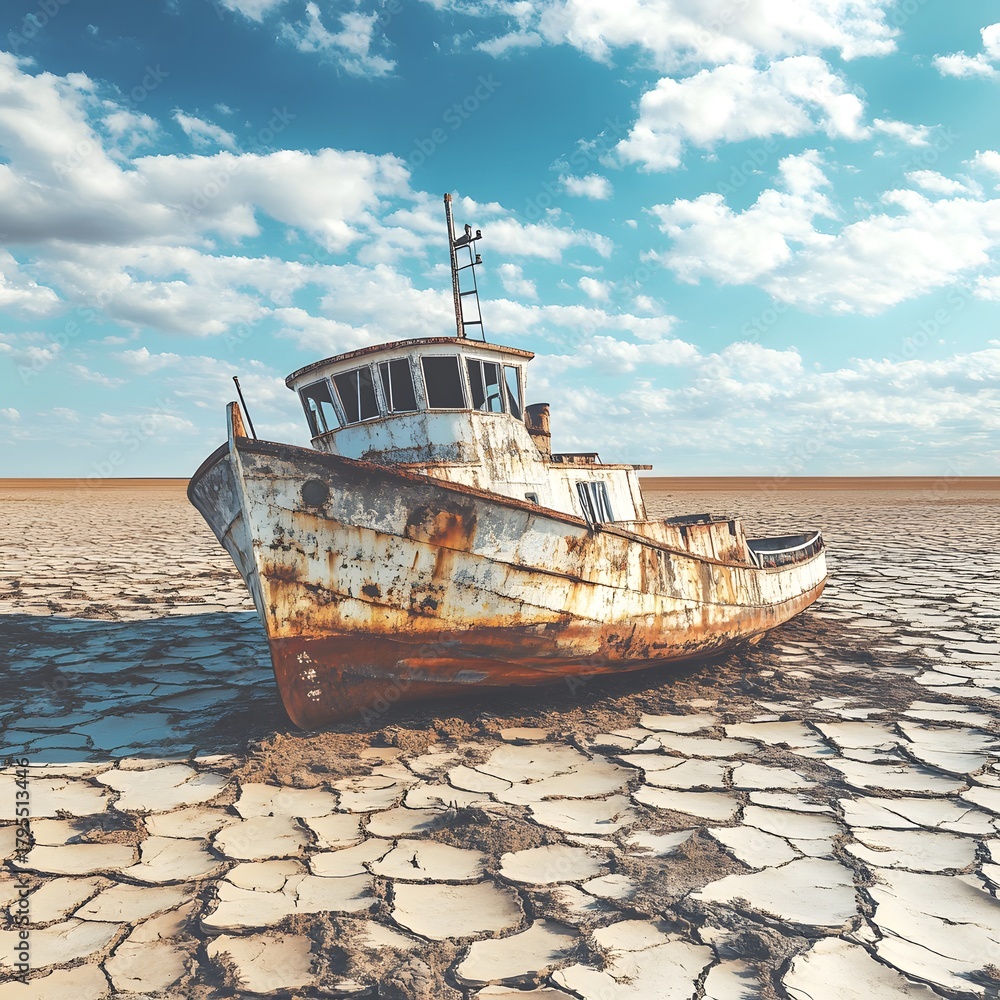 Fototapeta premium Stranded Rusty Ship on Cracked Dry Land Under a Blue Sky shipwreck boat photo