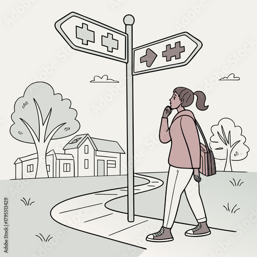 Young woman stands at a crossroads sign contemplating her next move in life or career path