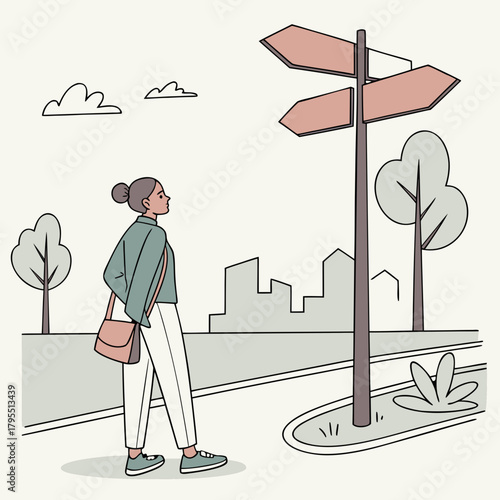 Woman standing at a crossroads signpost looking for direction in a city park with buildings in the background