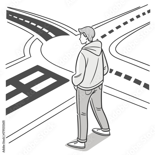 Young man standing at a crossroads contemplating which direction to take on the road ahead