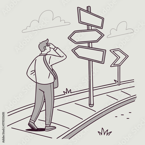 Man standing at a crossroads with multiple blank directional signs contemplating his next move