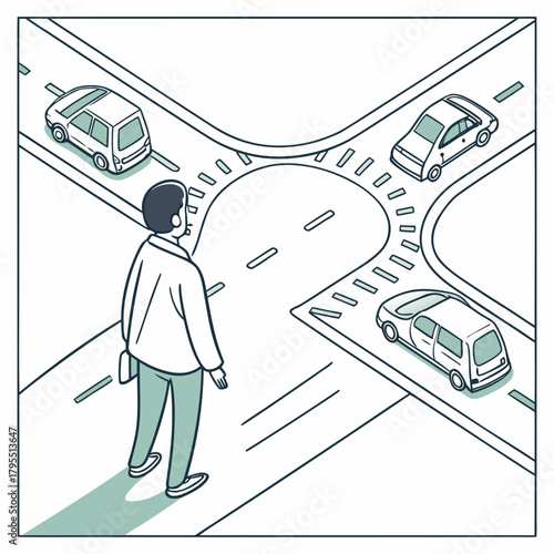 Man standing at a busy intersection with cars driving around a roundabout and crossing the road