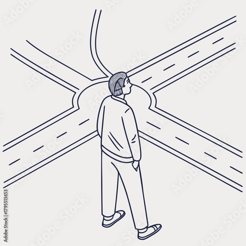 A lone figure stands at a crossroads contemplating multiple paths and making a difficult decision about their future direction