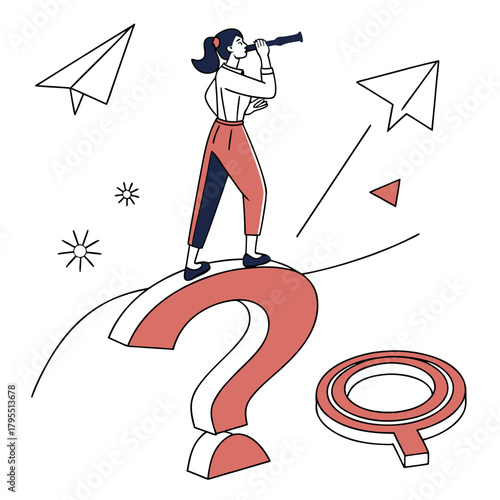 Woman with telescope standing on question mark symbolizing search for answers and future opportunities