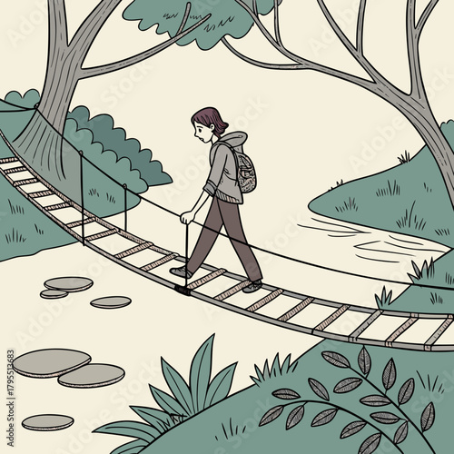Young person with backpack carefully walks across a narrow rope suspension bridge over a river in a forest setting