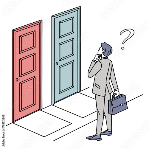 Businessman stands at a crossroads contemplating which of two different colored doors to choose with a question mark above his head