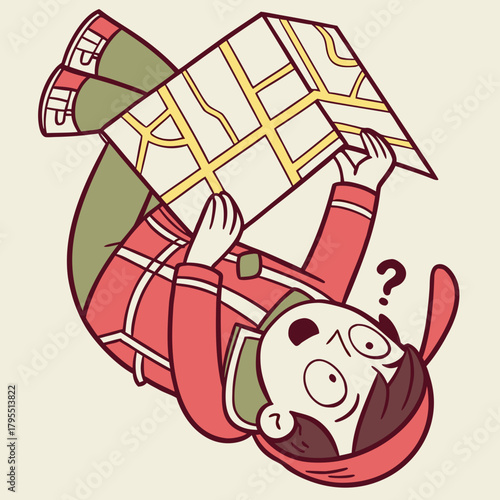 Confused cartoon character holding a map upside down with a question mark above their head