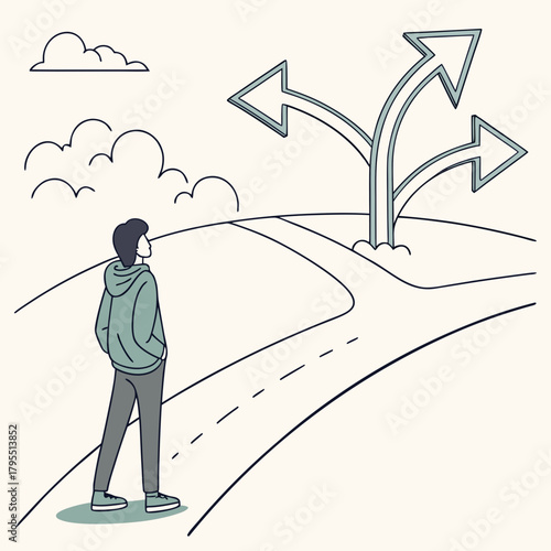 Young person stands at a crossroads contemplating which direction to take on a winding road