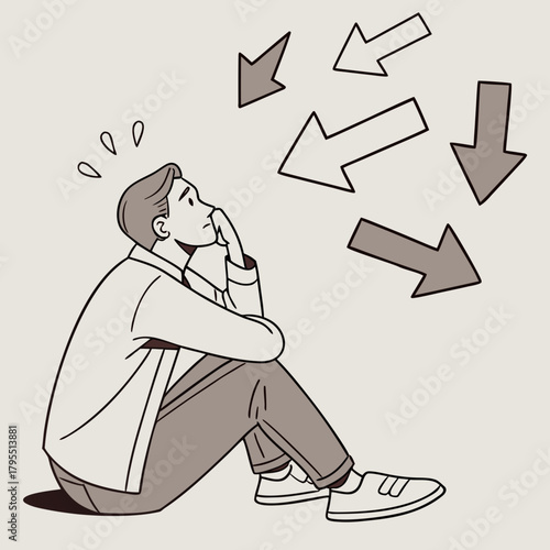 Young man sitting on the floor feeling overwhelmed by many arrows pointing towards him