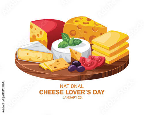 National Cheese Lover’s Day poster vector illustration. Various types of cheese on a wooden cutting board icon vector. Cheese platter with camembert and more. January 20. 
