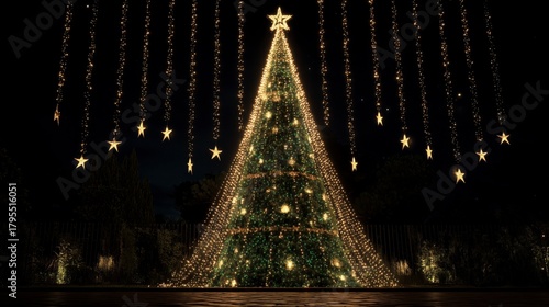 Árbol decorado por navidad, el fondo es negro