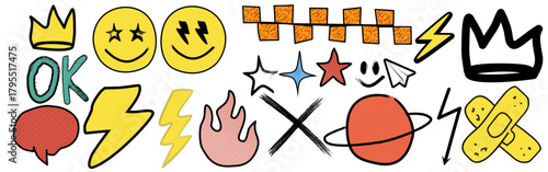  Crayon stars and moon vector set. Magical golden sky doodles with cosmic kids motif. Wax pencil or chalk texture elements. Grunge hand-drawn shapes collection on transparent background