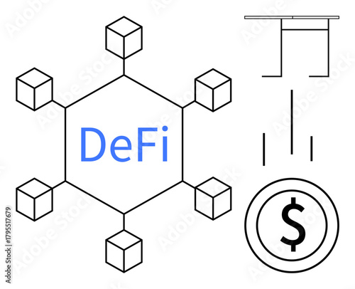 Blockchain network connecting cubes labeled DeFi, currency icon, transaction flow diagram. Ideal for fintech, cryptocurrency, innovation, decentralization, peer-to-peer finance, blockchain simple