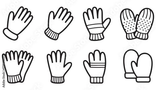 Vector icon set of winter gloves and mittens in simple modern outline style