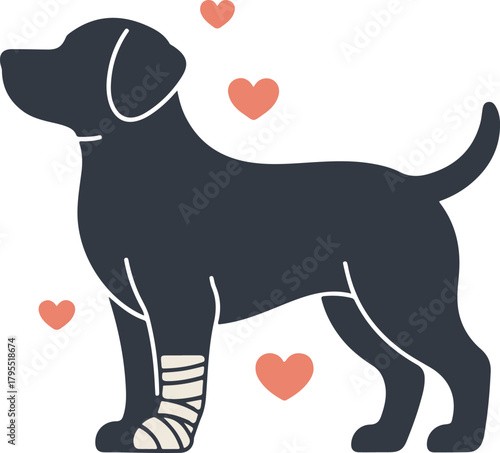 Black dog with bandaged leg and hearts symbolizing care and healing
