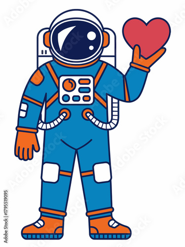 Cartoon astronaut holding a red heart in space illustration of love and passion with dreams of interstellar travel and romance