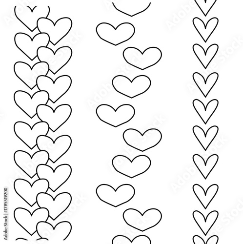 Hearts Valentine's Day seamless border vertical. Vector graphic line black and white illustration. Banner, poster, wrapping paper, sticker, print, modern textile design.