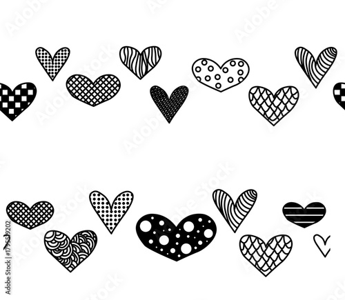 Heart shaped seamless border set. Big heart border decoration. Valentine's Day seamless border horizontal. Vector graphic line black and white illustration. love romance design.