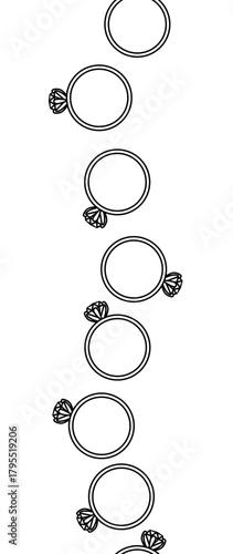 Circular wreath of ring with diamond Valentine's Day seamless border vertical. Vector graphic line black and white illustration. For poster, flyer, banner, invitation, social media, party or sale