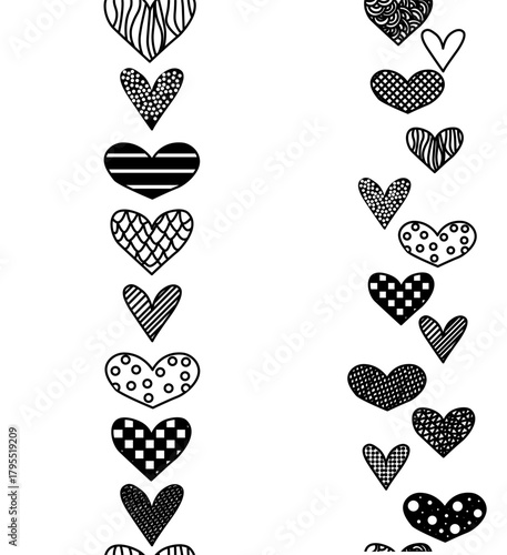 Heart shaped seamless border set. Big heart border decoration. Valentine's Day seamless border vertical. Vector graphic line black and white illustration. love romance design.