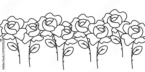 Roses Valentine's Day seamless border horizontal. Vector graphic line black and white illustration. Silhouette sign for logo, print, comics, fashion, pop art, boards, design, stickers, decoration