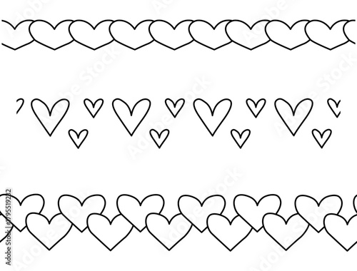 Hearts Valentine's Day seamless border horizontal. Vector graphic line black and white illustration. Banner, poster, wrapping paper, sticker, print, modern textile design.