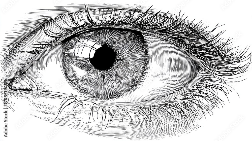 Obraz premium Detailed etching of a human eye with iris and eyelashes.