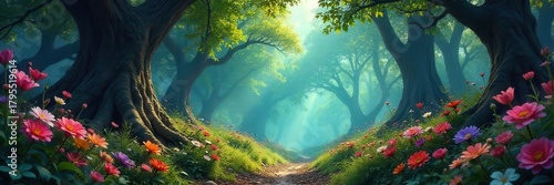 Enchanting magical forest with vibrant flowers, towering trees, and mystical creatures, creatures, vibrant