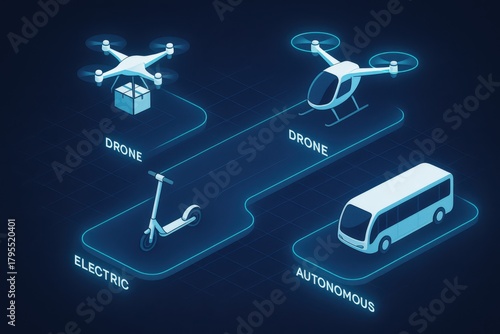 Innovative Transportation Solutions Showcasing Electric Scooters Drones and Autonomous Vehicles Representing the Future of Urban Mobility and Automation captured with clarity