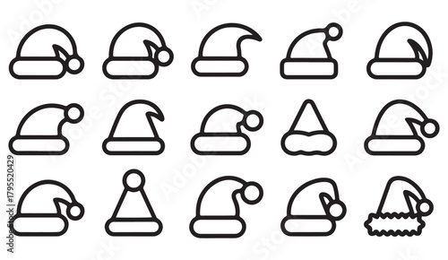Clean line art icons of classic Christmas hats and seasonal celebration symbols