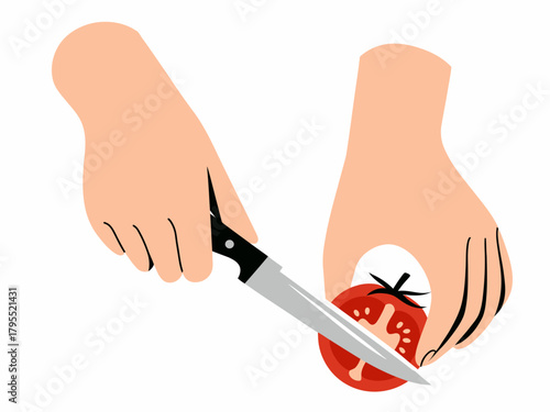Cutting Fresh Tomato Slice with a Sharp Knife in the Kitchen Preparing Food Ingredients for Cooking