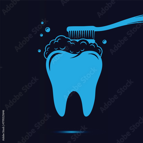 Bright Blue Molar Tooth Being Brushed Vigorously With A Toothbrush Generating Rich Foamy Suds And Bubbles Highlighting Superior Oral Hygiene And Dental Care Cleaning Process Vector Graphic