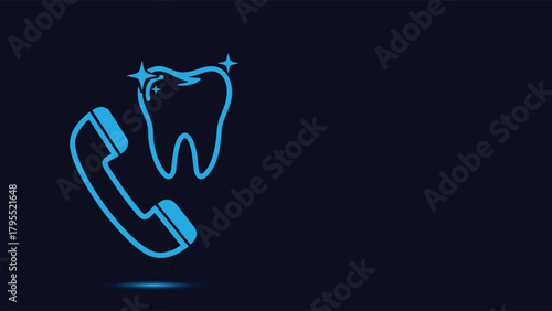 Bright Blue Sparkling Tooth and Telephone Receiver Line Art Vector Icon Set on a Dark Background Representing Dental Appointment Booking and Professional Oral Healthcare Services Communicati