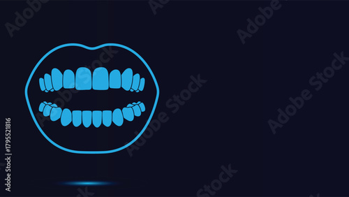 Detailed Digital Vector Illustration of Healthy Human Teeth and Open Mouth Outline in Bright Blue Neon Style Against a Deep Dark Background Perfect for Dentistry and Medical Websites