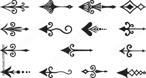Decorative vintage arrow collection with ornate swirl, curl, heart, geometric, tribal and flourish designs