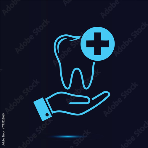 Modern Neon Blue Vector Icon Illustrating Dental Health Care Protection and Oral Hygiene Assistance Presented by a Helping Hand Supporting a Healthy Tooth with a Medical Plus Sign Symbol on