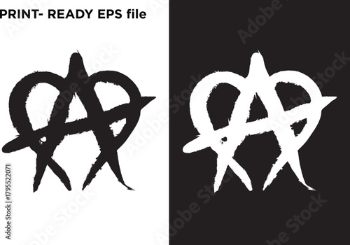 Distressed vector design of an Anarchy symbol (A in a circle) with a heart-like distortion, in stark black and white, conveying rebellious love, punk aesthetic, protest, and graphic motifs for print