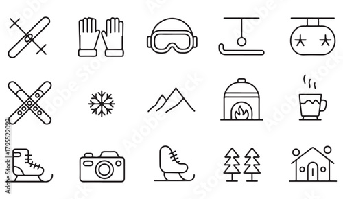 Vector set of alpine sports equipment and snow-themed outdoor adventure icons
