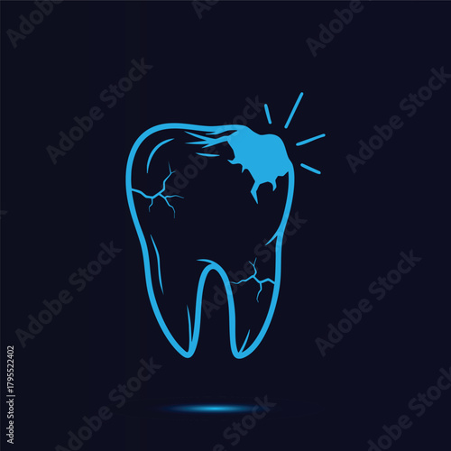 Stylized Anatomical Molar Tooth Structure Outline Vector Graphic Displaying Detailed Surface Cracks And Illuminated Enamel Damage Area On A Dark Blue Background For Dentistry Concepts