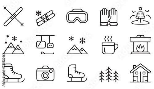 Clean line art pack of ski gear, snowboarding symbols, and cozy lodge elements
