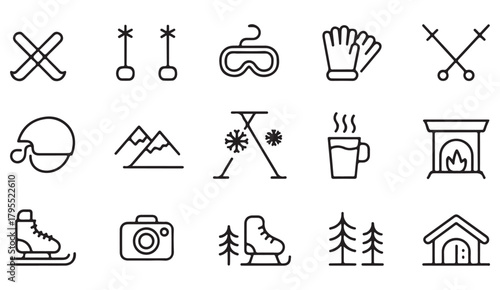Outline vector icons of mountains, cold-weather equipment, and winter activities