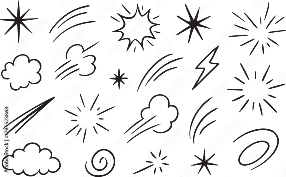 Fototapeta premium Set of cartoon-style action effects featuring explosive bursts, fast-motion streaks, impact shapes, and smoke puffs. Includes hand-drawn dynamic lines, blast outlines, and energetic motion icons in a 