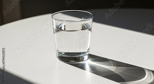 Glass of Clear Water: A crystal-clear glass of pure, refreshing water sits gracefully, casting a defined shadow, showcasing simplicity and hydration.