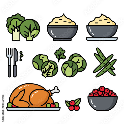 Collection of thanksgiving food icons: roasted turkey, mashed potatoes, broccoli, brussels sprouts, and cranberries.