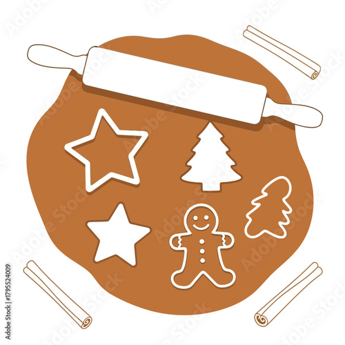 Christmas cookie making with gingerbread man, stars, fir tree cutters and rolling pin